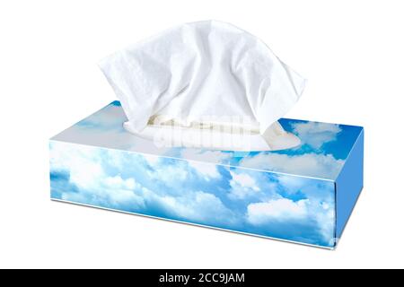 Leeres Gewebe aus Kosmetiktücher Box mit wolkenbedecktem Himmel illustriert Stockfoto