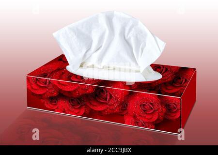 Blankogewebe aus Kosmetiktücher Box mit roten Rosen illustriert Stockfoto