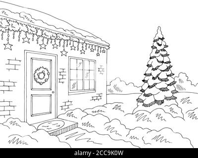 Weihnachten Dekor Haus außen Winter Straße Grafik schwarz weiß Landschaft Vektor der Skizzendarstellung Stock Vektor