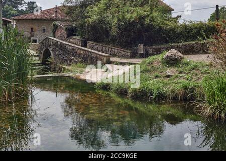 Kleine Steinbogenbrücke über einen Teich an einem bewölkten Tag mit Pflanzen, Bäumen und einem Haus im Hintergrund, Limpias, Kantabrien, Spanien, Europa Stockfoto