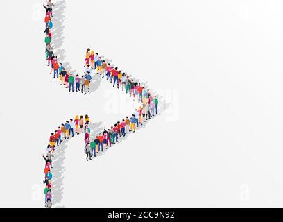 Große Leute Menge, die in Form von Pfeil Zeichen nach rechts oder nach vorne gerichtet versammelt. Vektorgrafik Stock Vektor