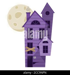 Cartoon gespenstisch lila Holz Hexenhaus mit großem Mond. vektor-Illustration für Halloween-Urlaub Stock Vektor