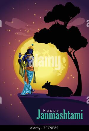 Lord Krishna spielt Flöte, mit Nacht Hintergrund.Vektor-Illustration von Happy Janmashtami Festival von Indien Stock Vektor