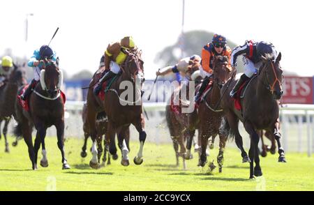 Happy Romance von Sean Levey (rechts) gewinnt die Goffs UK Premier Yearling Stakes am zweiten Tag des Yorkshire Ebor Festivals auf der York Racecourse. Stockfoto