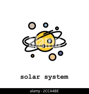 Sonnensystem Farbe Symbol dünne Linie, linear, Umriss Vektor. Sonnensystem einfaches Zeichen, Logo. Planeten kreisen um den Stern Stock Vektor