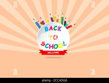 Zurück zur Schulbank mit Farbstiften um den weißen Kreis. Alles ist auf dem orangefarbenen Hintergrund mit Strahlen. Stock Vektor