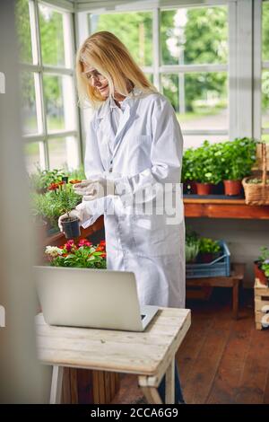 Erfreut weibliche Botanikerin Blick auf die Sämlinge Stockfoto