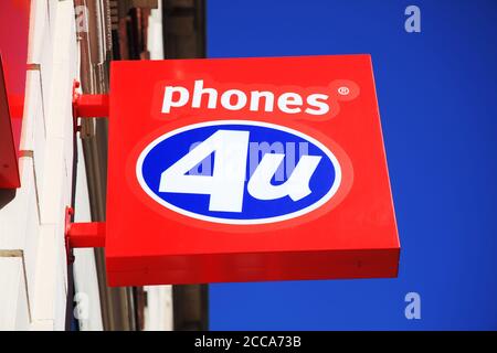 London, UK, Apr 1, 2012 : Phones 4U Logo Werbung Zeichen in seiner Filiale Einzelhandel Geschäft Outlet in Oxford Street Stock Foto Stockfoto