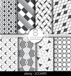 Satz von nahtlosen Mustern. Moderne, elegante Texturen. Regelmäßig wiederholende geometrische Ornamente mit dünnen Linien, Rechtecken, Sechsecken, Rauten, Ecken Stock Vektor