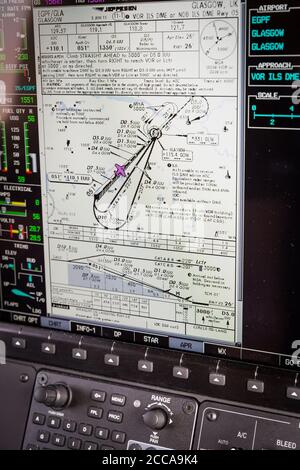 Anflugverfahren für den Flughafen in Glasgow für Ferry-Pilot Margrit Budert Walz im Cockpit der Socata TBM 900, während des Fährfluges von Südfrankreich nach Kalifornien auf der legendären Nordatlantikroute. Stockfoto