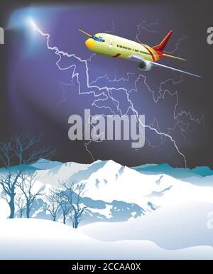 Passagierflugzeug, das über schneebedeckte Bergkette fliegt, stellte sich dagegen Ein dramatischer Gewitterhimmel Stock Vektor