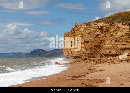 Hive Beach mit Golden Cap Hill in der Ferne, Burton Bradstock, Dorset, Großbritannien Stockfoto