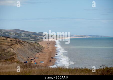 Blick Richtung Cogden Beach entlang des South West Coast Path in der Nähe von Burton Bradstock, Dorset, England. Stockfoto