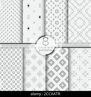 Satz von nahtlosen Mustern. Moderne, elegante Texturen. Regelmäßig wiederholende geometrische lineare Ornamente mit dünnen Linien, Kreuzen, Rauten, Ecken, Gitter Stock Vektor