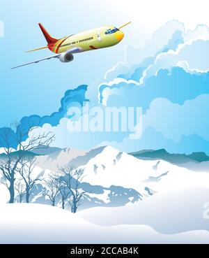Passagierflugzeug, das über schneebedeckte Bergkette fliegt, stellte sich dagegen Ein blauer wolkig Himmel Stock Vektor