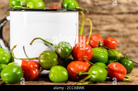 Ziegenpfeffer (Capsicum chinense). Duftende Paprika in der brasilianischen Küche verwendet. Produkte, die als Gewürze und Gewürze verwendet werden. Pflanze asiatischer Herkunft. Stockfoto