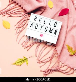 Lightbox mit Hello Autumn Text, kuscheligem Schal und Blättern auf pastellfarbenem Hintergrund. Stockfoto