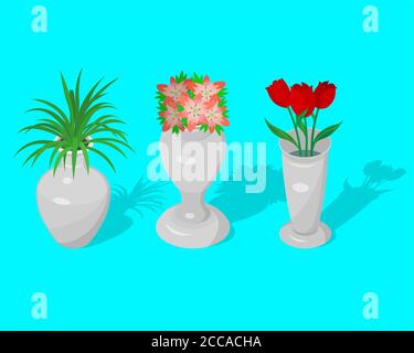 Ein Set von Krügen und eine Vase mit dekorativen Blumen mit einem Schatten. Elemente für Design.3D. Isometrie. Eine Vektorgrafik in flacher Form. Stock Vektor