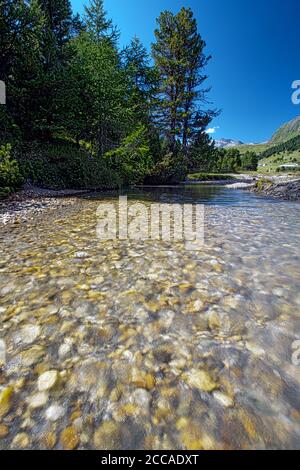 Bergfluss, der ruhig und ruhig fließt, in einem Bett aus Kieselsteinen, im Tal zwischen Wäldern und Wiesen. Stockfoto