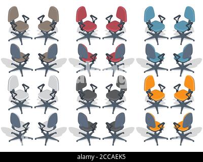 Ein Satz von mehrfarbigen Bürostühlen in verschiedenen Bestimmungen. Stühle zum Sitzen mit Schatten.isoliert.Elemente für Design.3D. Isometrie. Vektorgrafik Stock Vektor