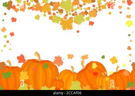 Feiertagsgrenze mit Kürbissen und Herbstblättern isoliert auf weißem Hintergrund.Thanksgiving Rahmen mit Ahornblättern, Kürbissen und Raum Text.Stock Vektor Stock Vektor
