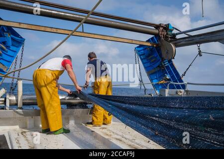 Fischer, die an einem Trawler arbeiten. Palamós. Costa Brava. Katalonien. Spanien. Stockfoto