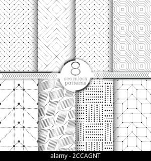 Satz von nahtlosen Mustern. Moderne, elegante Texturen. Regelmäßig wiederholende geometrische Ornamente mit dünnen Linien, Punkten, Ecken, Zickzack, Dreiecken, Quadrat Stock Vektor