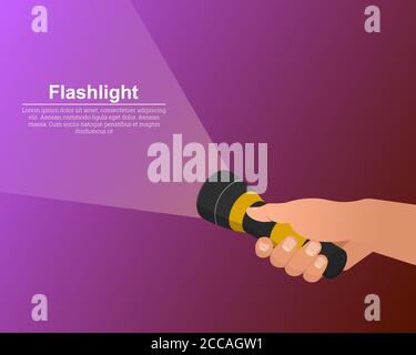 Die Hand hält die Taschenlampe an. Der Begriff der Suche. Platz für Text.3D.Izometric.Vector Illustration in modernen flachen Stil. Stock Vektor