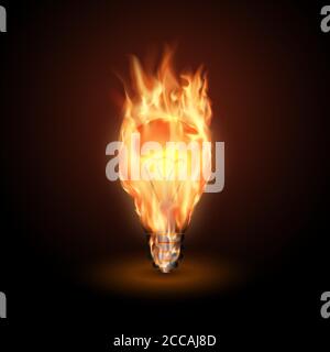 Brennende Lampe in einer Flamme. Innovative Technologie. Heiße Idee. Kreatives Denken. Vektor realistische Illustration. Stock Vektor