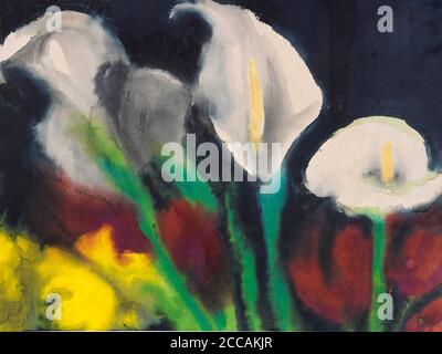 Weiße Calla-Lilien über roten und gelben Blüten. Museum: PRIVATE SAMMLUNG. Autor: EMIL NOLDE. Stockfoto