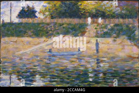 Boote in der Nähe des Strandes von Asnieres. Museum: Courtauld Institute of Art, London. Autor: Georges Pierre Seurat. Stockfoto