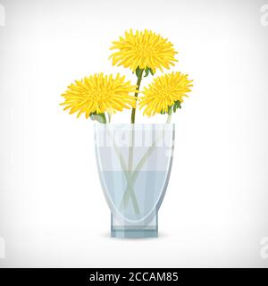 Transparente Vase mit gelben Blüten. Dekorativer Glasbehälter für Pflanzen, Blumen auf weißem Hintergrund. Dandelione Blume in klassischer Vase für Interi Stock Vektor