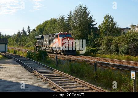 Canadian National Railway Diesel Lok Nummer 2920 vorbei an der CNR Heritage Railway Station, Fort Langley, British Columbia, Kanada Stockfoto