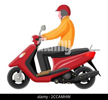 Roter Motorroller mit Fahrer in Helm isoliert auf weiß. Stadtfahrzeug, Stadtverkehr. Modernes Motorrad. Cartoon flache Vektor-Illustration. Stock Vektor