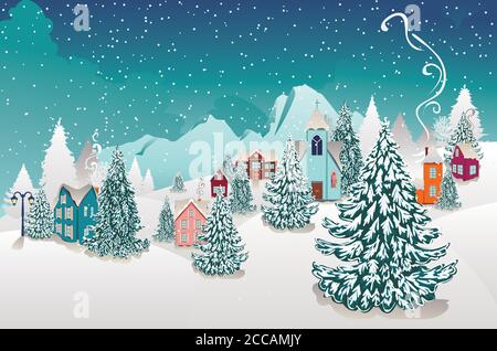 Ländliche Häuser, Tannen und großen Berg, verschneiten Winter Dorf Hintergrund. Stock Vektor