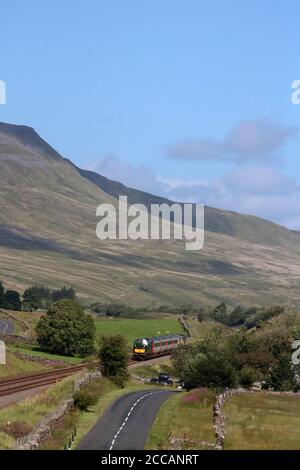 North Pennine Staycation Express Sonderzug, Settle to Carlisle Bahnlinie, 20. August 2020, Klasse 37 Lok D6817 mit Wildschwein im Hintergrund. Stockfoto