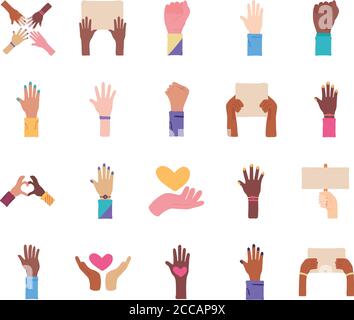 Bündel von zwanzig Händen Protest Set Icons Vektor Illustration Design Stock Vektor