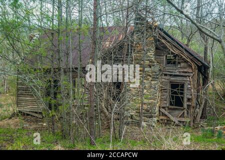 Ein Holz mit einem Steinkamin verlassen alten Gehöft leer Und runterlaufen links zum Verfall in den Bergen versteckt Bei Bäumen und Gräsern Stockfoto