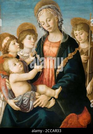 Die Jungfrau und das Kind mit zwei Engeln und der junge Heilige Johannes der Täufer. Museum: Galleria dell'Accademia, Florenz. Autor: SANDRO BOTTICELLI. Stockfoto