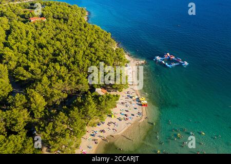 Strand mit Pinienwald in der Nähe von Pakoštane, Adriaküste in Kroatien Stockfoto