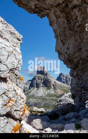 Blick auf den Sesto Sasso und den Toblin Turm Forcella Lavaredo Stockfoto