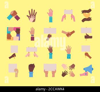 Bündel von zwanzig Händen Protest Set Sammlung Symbole Vektor Illustration Design Stock Vektor