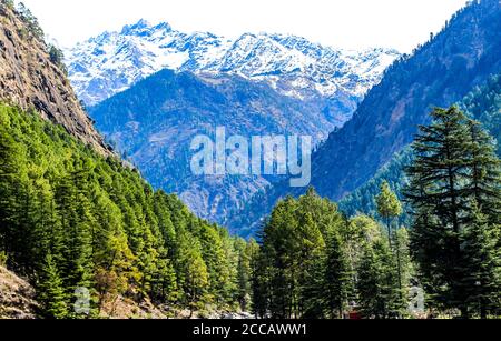 Kasol Manali - der glühende Parvati-Fluss in den Schneebirgen von Himachal Pradesh, Indien. Flusswasser rauscht im Tal der Götter. Himachal Pradesh. Stockfoto