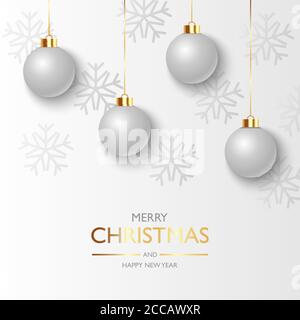 Weihnachtskugeln Hintergrund, hängende weiße weihnachtskugeln und Schneeflocken, Vektor-Illustration Stock Vektor