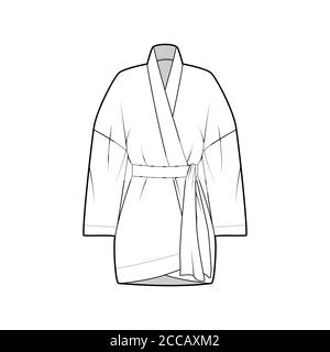 Kimono technische Mode-Illustration mit entspannter Passform, langen weiten Ärmeln, Gürtel um die Taille zu cinch, über-die-Knie-Länge. Flatwear Bluse Schablone vorne, weiß. Damen Herren Unisex Hemd CAD Stock Vektor