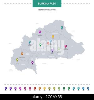 Burkina Faso Karte mit Positionsmarkierungen. Infografik Vektorvorlage, isoliert auf weißem Hintergrund. Stock Vektor