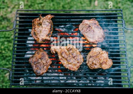 Fünf Fleischstücke auf einem schwarzen Metallgitter. Steaks werden auf heißen Kohlen gebraten, vor dem Hintergrund von Gras im Garten. Stockfoto