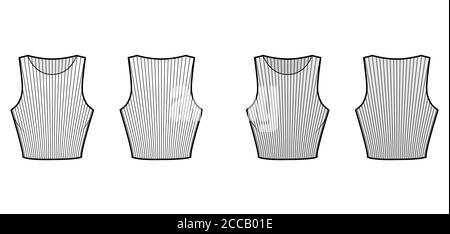 3/4-Tanktop aus geripptem Baumwoll-Jersey mit technischer Fashion-Illustration mit schmaler Passform, Taillenlänge und Rundhalsausschnitt. Flach außen oben Bekleidungsvorlage vorne, hinten weiß grau Farbe. Damen Herren Unisex Shirt Strick Stock Vektor