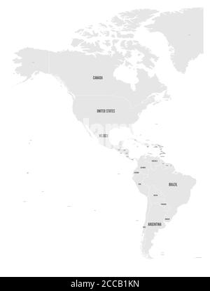 Politische Landkarte von Amerika in grau auf weißem Hintergrund. Nord- und Südamerika mit Länderkennzeichen. Einfache flache Vektordarstellung. Stock Vektor