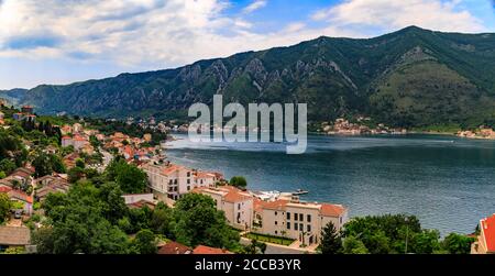 Luftaufnahme von Wohngebäuden entlang der Küste der Bucht von Kotor und Berge im Hintergrund im Sommer in Dobrota, Montenegro Stockfoto